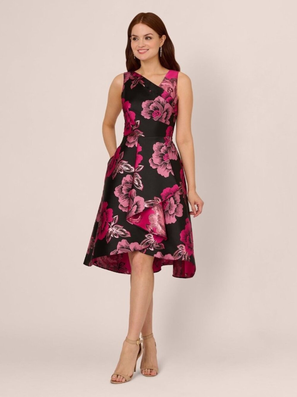 Adrianna Papell Women's Floral Jacquard High-Low-Hem Dress Size 2 4